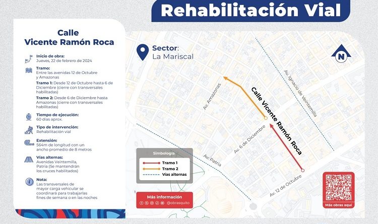Este jueves, inicia la rehabilitación de la Vicente Ramón Roca en La Mariscal