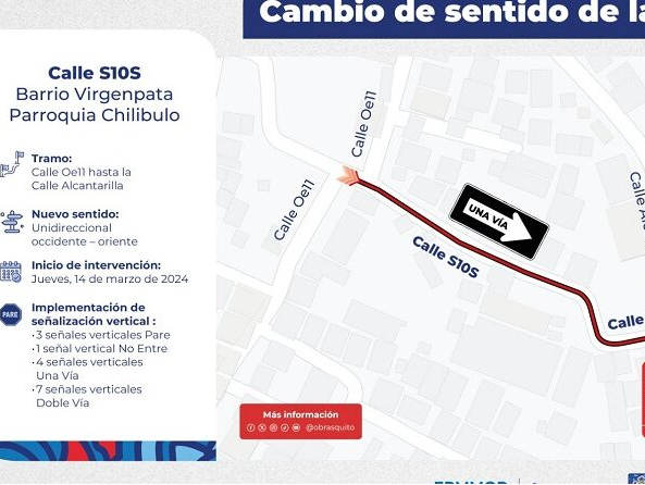 Cambios de sentido vial en la Calle S10S (Chilibulo) y Pasaje 5 de Junio (Conocoto)