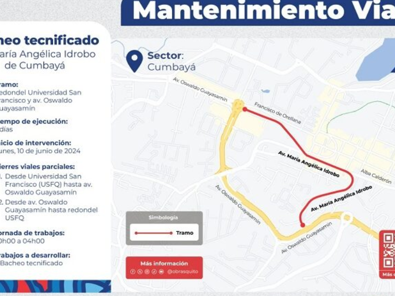 Bacheo tecnificado nocturno se realiza en la av. María Angélica Idrobo en Cumbayá